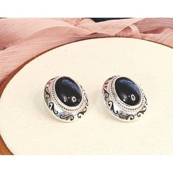 Vintage Taxco Mexico Onyx Clip-On Earrings - Picture 3 of 7